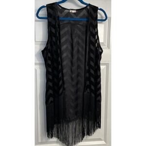 Festival Lagenlook Boho Hippie Velvet Burnout Fringe Cardigan Vest‎ Black Sz XL